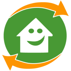 Umzug ganz einfach Logo - weißes Haus auf grünem Hintergrund mit zwei umlaufenden orangefarbenen Pfeilen
