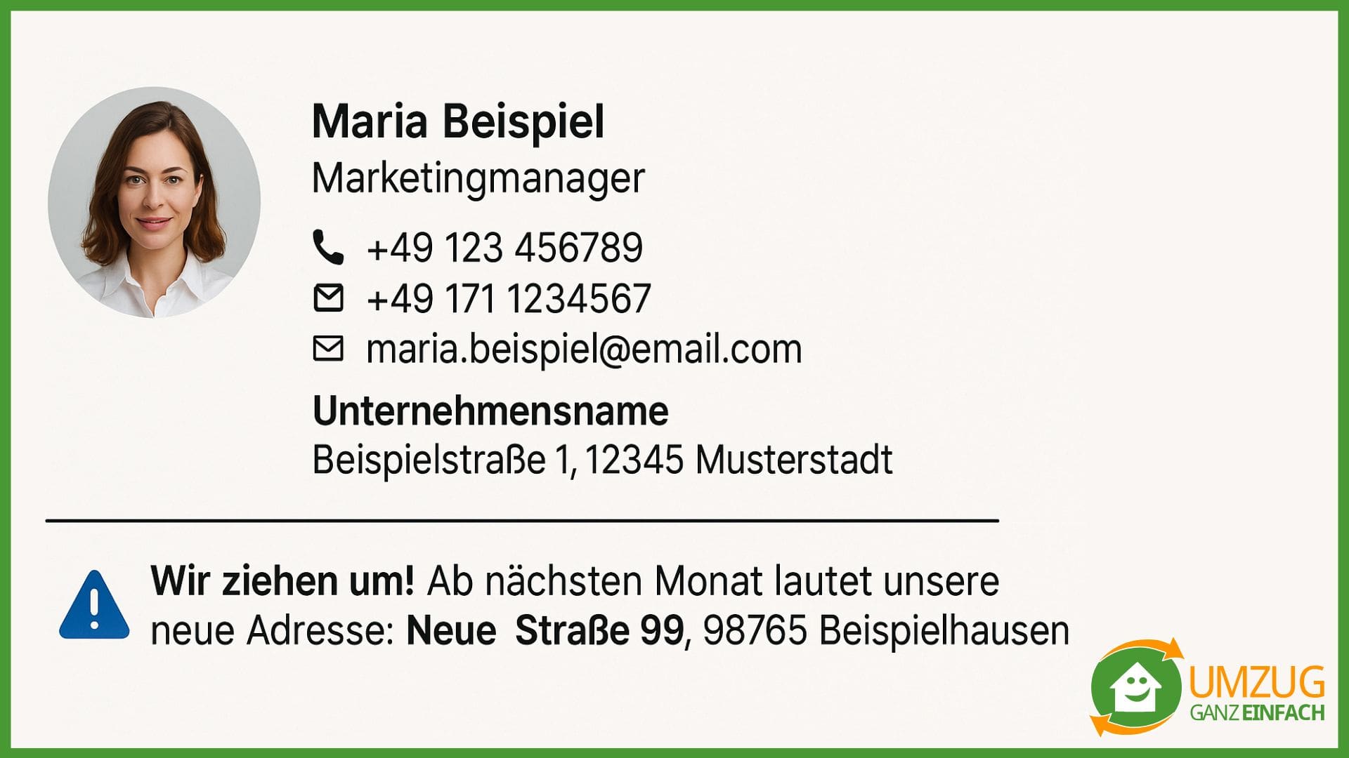 beispiel email signatur bei firmenumzug Beispiel einer E-Mail-Signatur vor einem Firmenumzug.