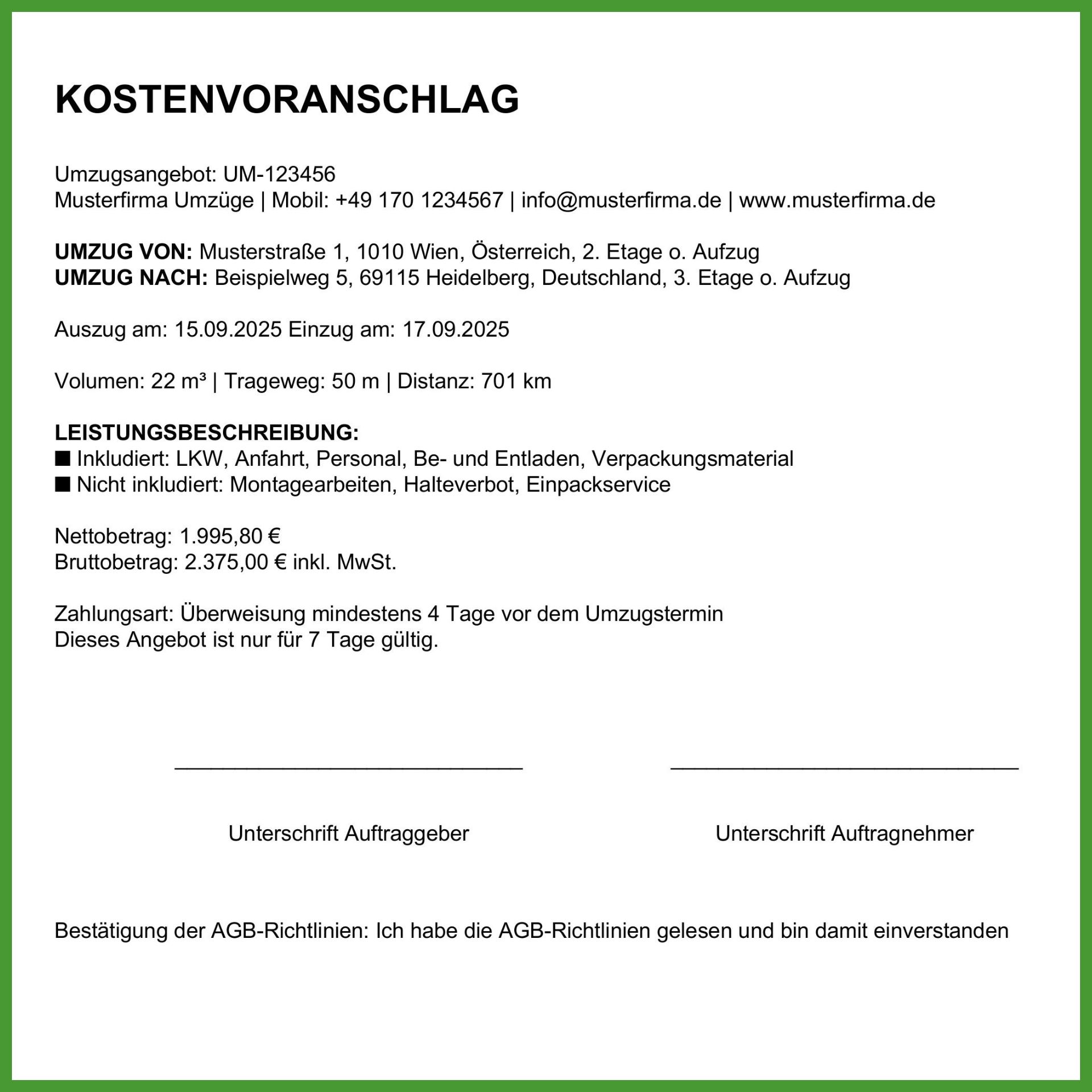 beispiel kostenvoranschlag Screenshot eines echten, anonymisierten Kostenvoranschlags.