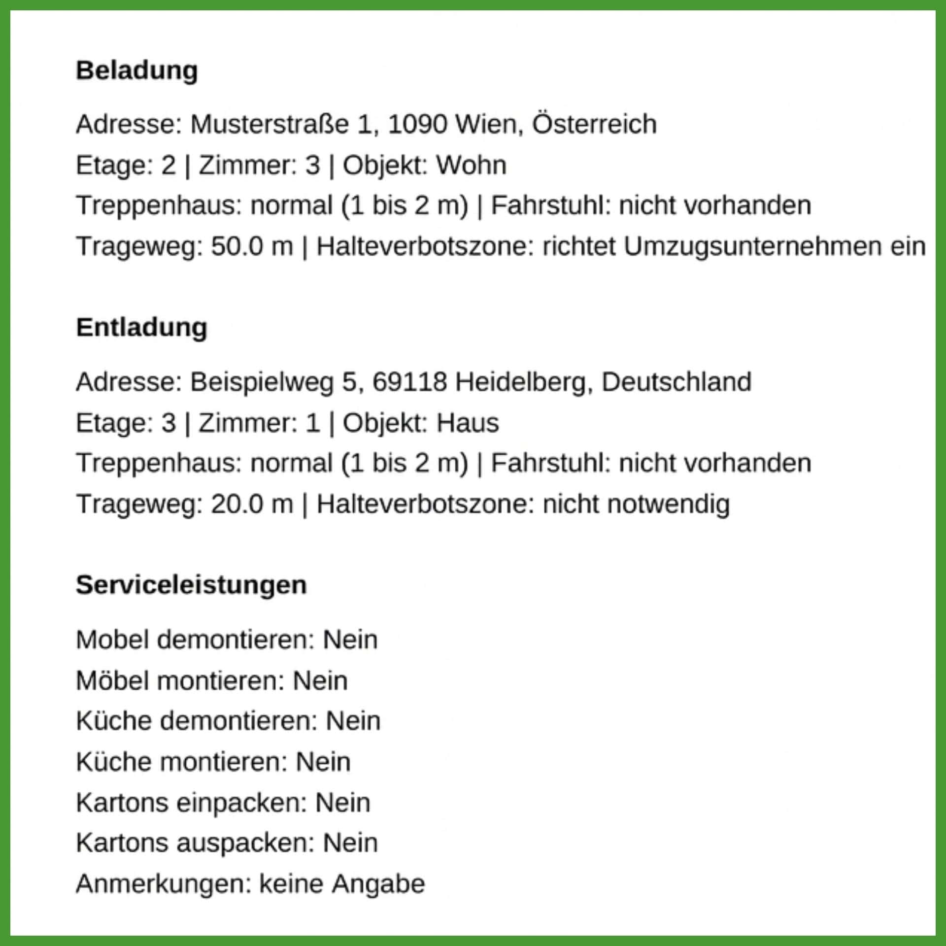 beispiel leistungen im kostenvoranschlag Screenshot von vereinbarten Leistungen in einem Kostenvoranschlag.