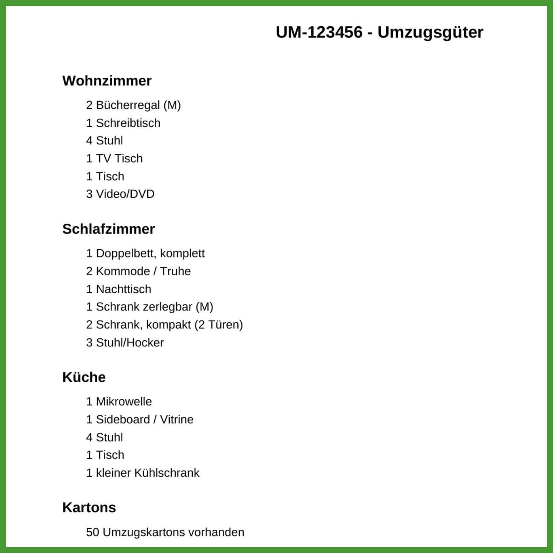 beispiel umzugsgüter liste im kostenvoranschlag Screenshot einer Umzugsgüterliste.