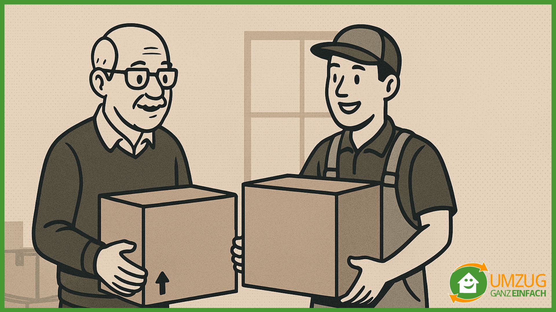 Illustration alter Mann und Umzugshelfer bei einem Seniorenumzug.