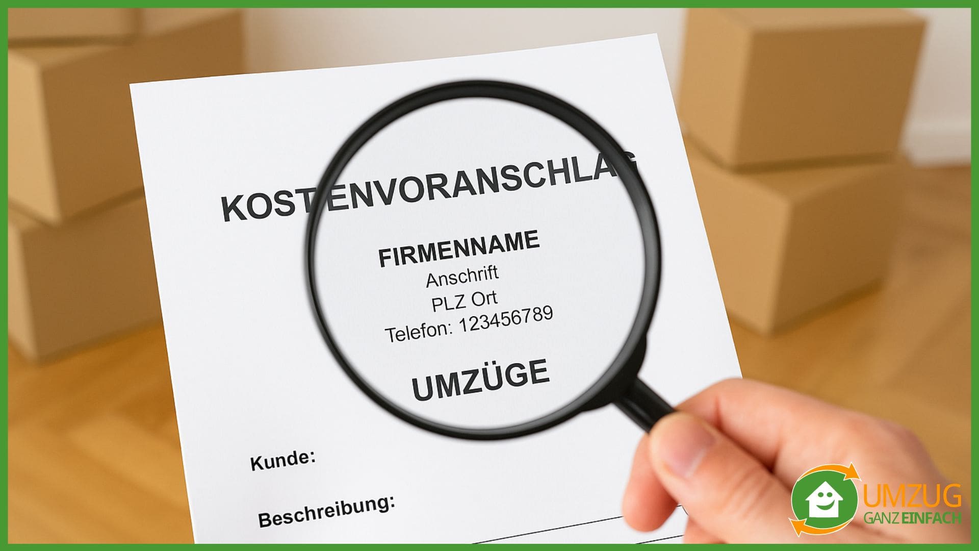 kostenvoranschlag unter lupe Eine Hand hält eine Lupe über einen Umzugskostenvoranschlag.