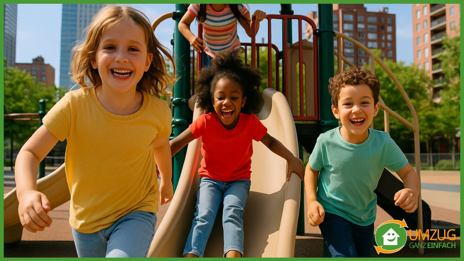 Kinder spielen auf einem Spielplatz.