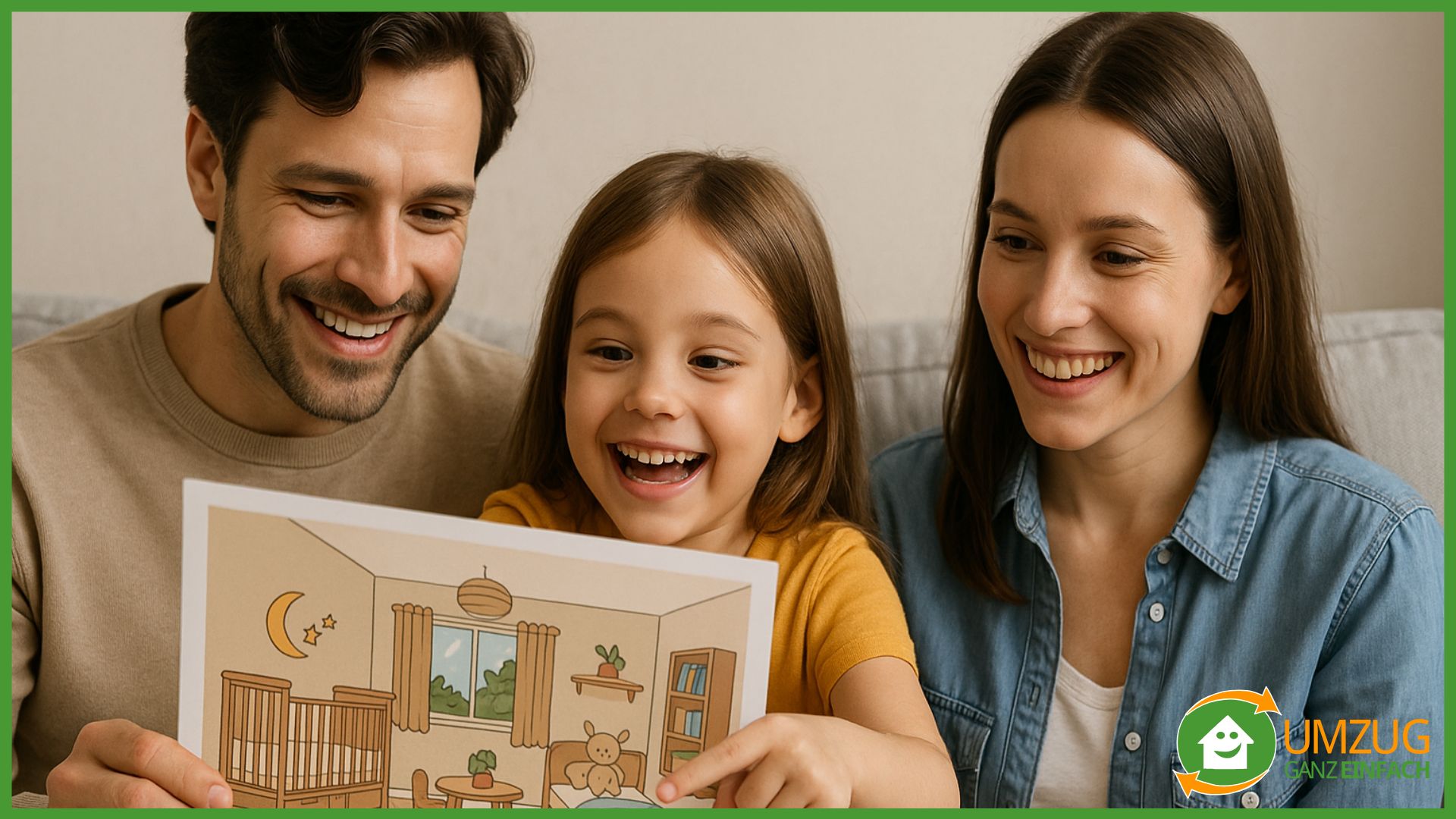Tochter schaut sich Illustration von einem neuen Kinderzimmer mit den Eltern an.