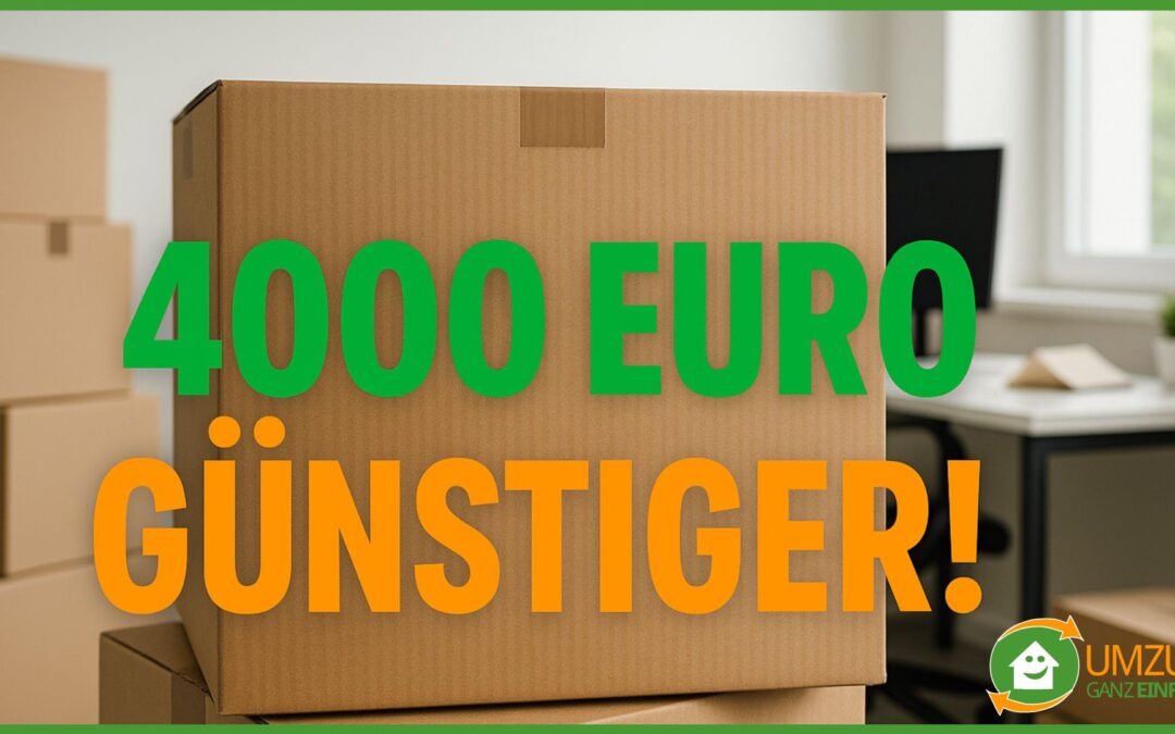 Gestapelte Umzugskartons bei einem Büroumzug. Text-Overlay „4.000 € günstiger“.