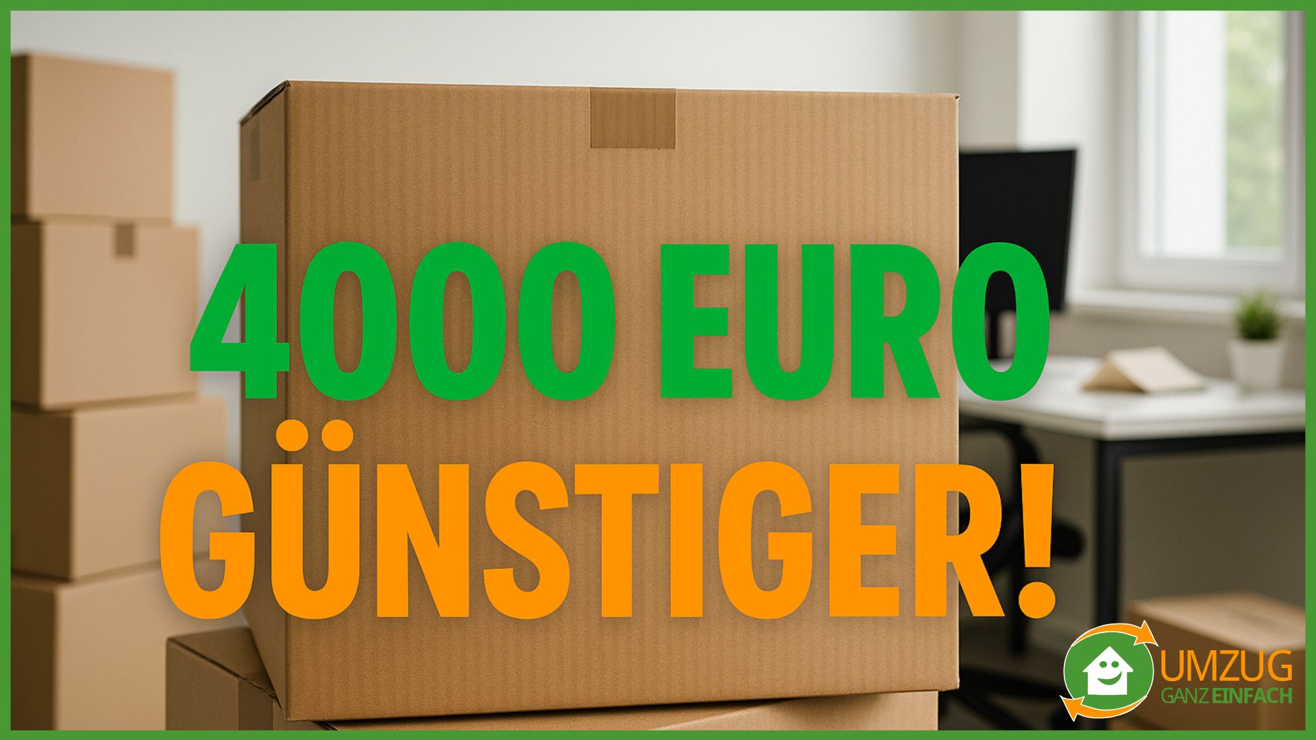 titelbild büroumzug spartipps Gestapelte Umzugskartons bei einem Büroumzug. Text-Overlay „4.000 € günstiger“.