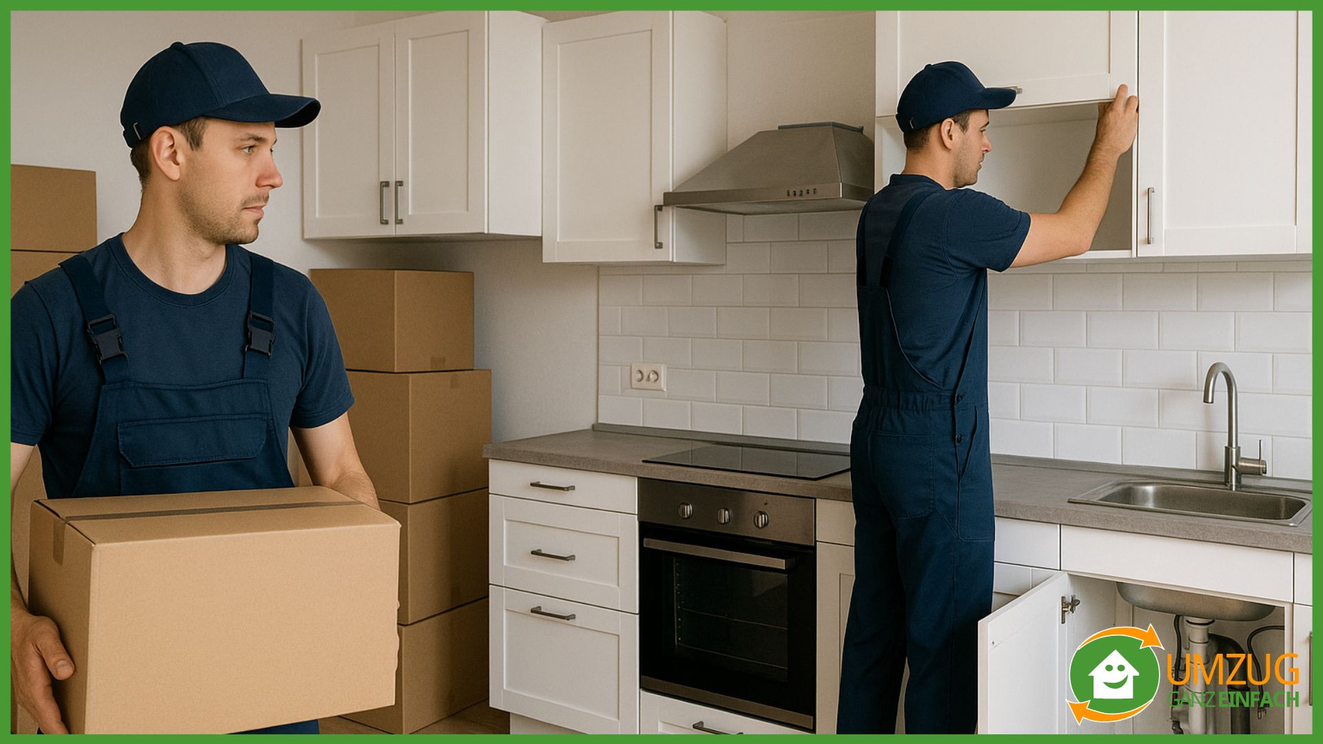 Zwei Umzugshelfer demontieren eine Küche bei einem Umzug.