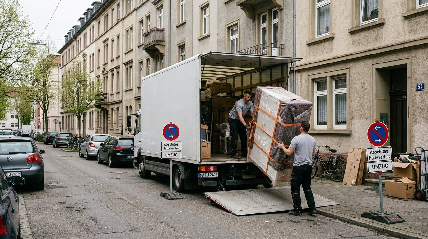 Zwei Männer laden einen großen, verpackten Gegenstand aus einem weißen Umzugs-Lkw in einer Wohnstraße in Mannheim
