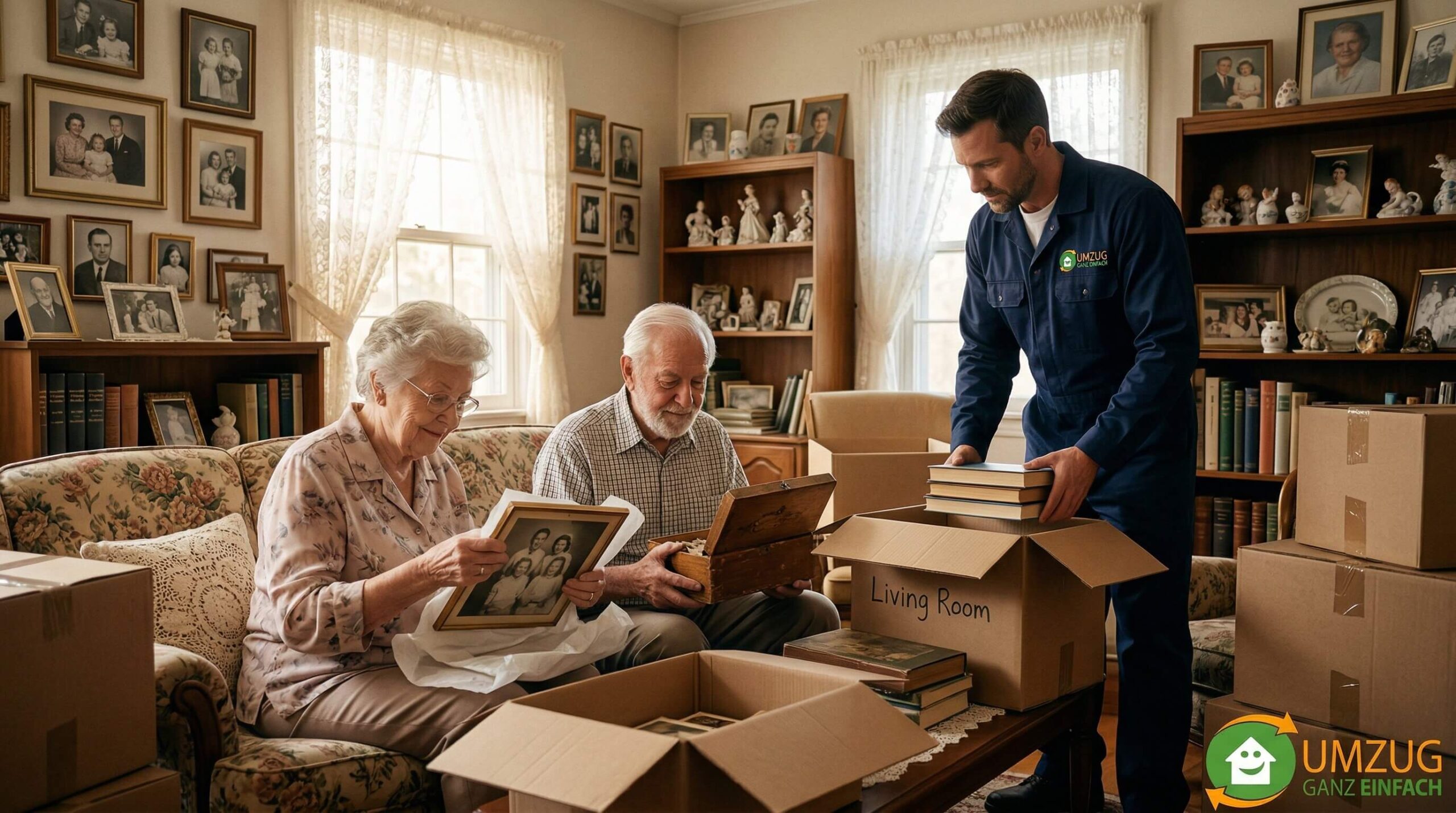 Startseite 5 Seniorenumzug – Älterer Mann trägt Umzugskarton in ein neues Zuhause.