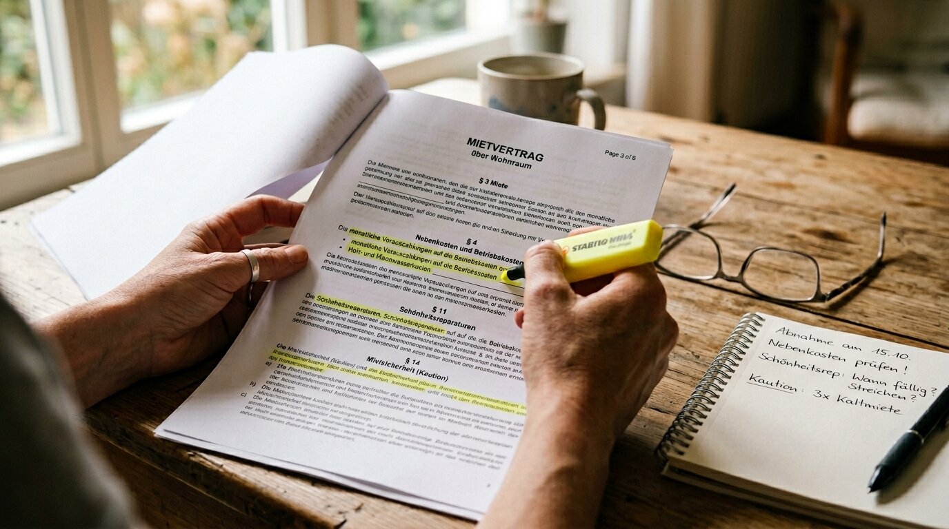 Klauseln eines Mietvertrag markieren