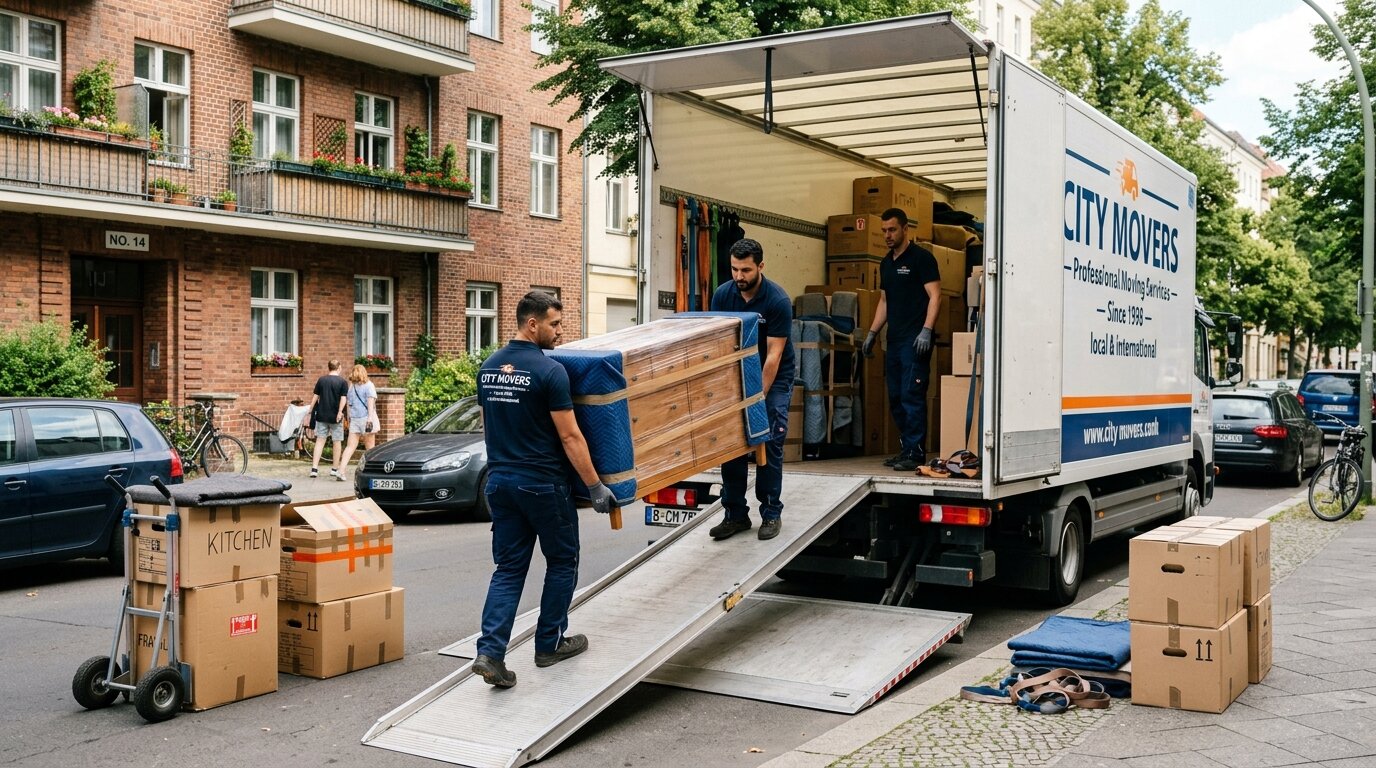 Möbelpacker tragen Umzug in den LKW