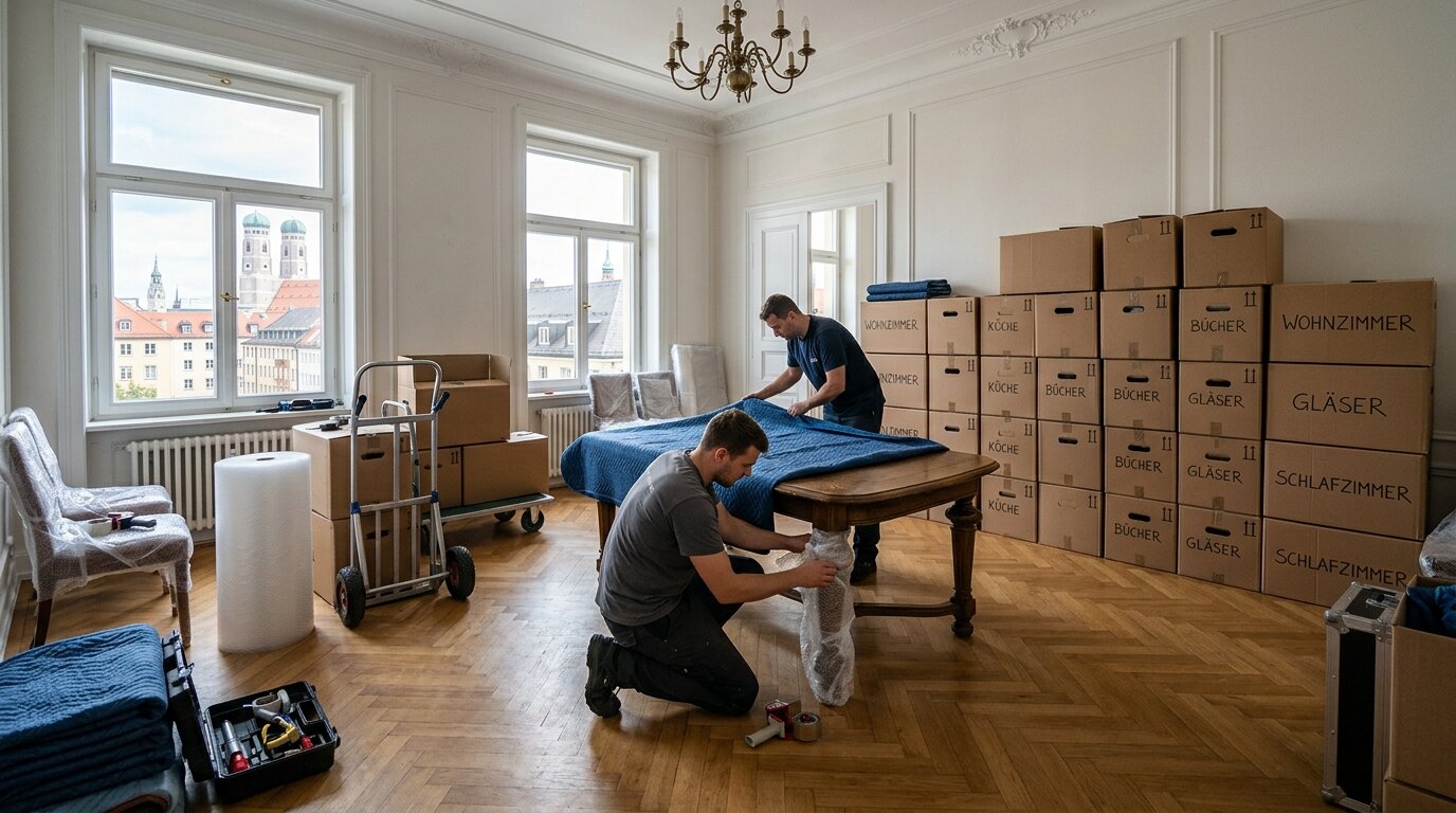 Umzugshelfer beim Verpacken der Möbel in München